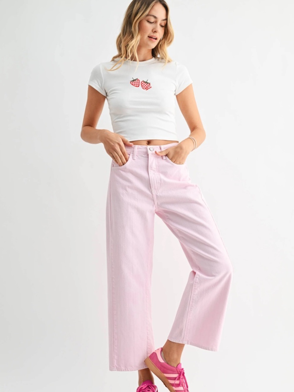 Just Black Light Pink Wide Leg Jeans - Picture 2 of 5